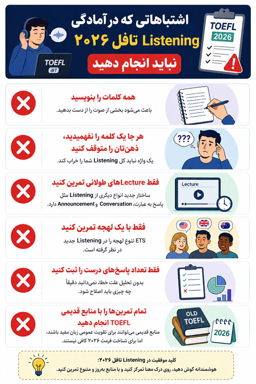 تافل اشتباهاتی که در آمادگی Listening تافل ۲۰۲۶ نباید انجام دهید