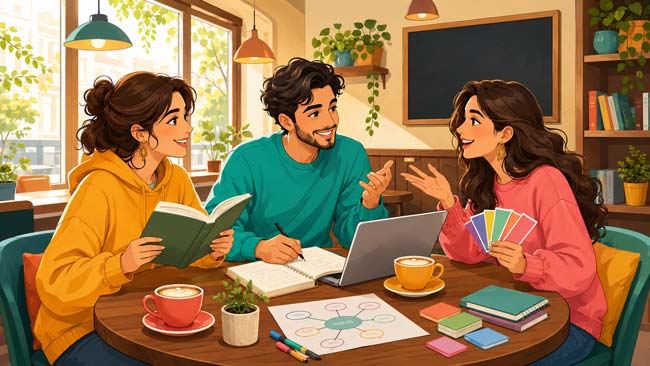 3 دوست در حال یادگیری زبان در کلاس
