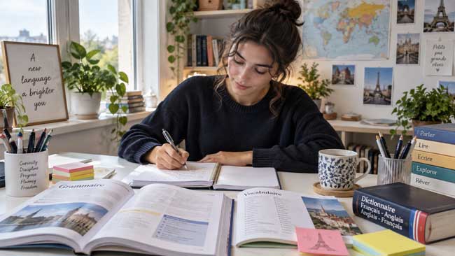آموزش انگلیسی دختری در حال نوشتن مقاله