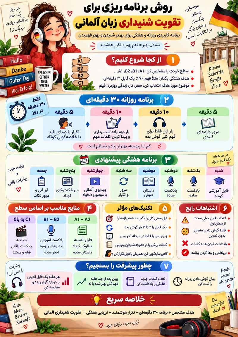 روش برنامه ریزی برای تقویت شنیداری آلمانی (اینفوگرافیک)