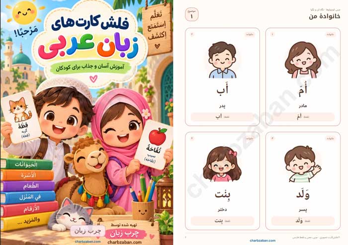 آموزش زبان به کودکان تصویری از فایل فلشکارت واژگان عربی برای کودکان اختصاصی تولید شده چرب زبان