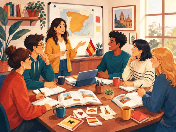 آموزش اسپانیایی دوستان در حال یادگیری اسپانیایی